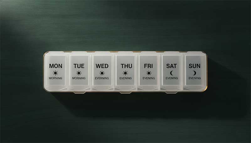 Pill organizer representing supplement and medication timing