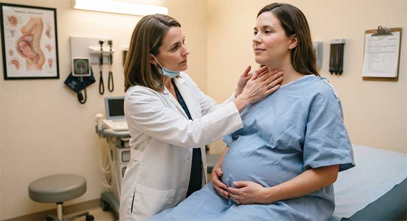 A pregnant woman at a prenatal checkup with a doctor gently checking her neck area