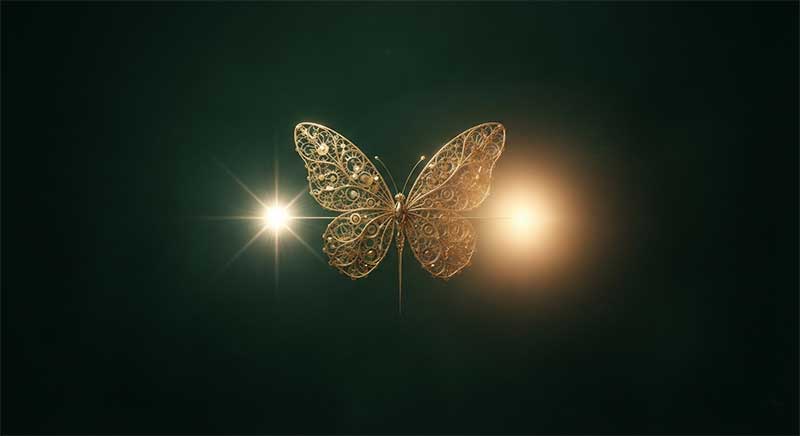 Abstract golden butterfly-shaped form balanced precariously between two glowing light sources