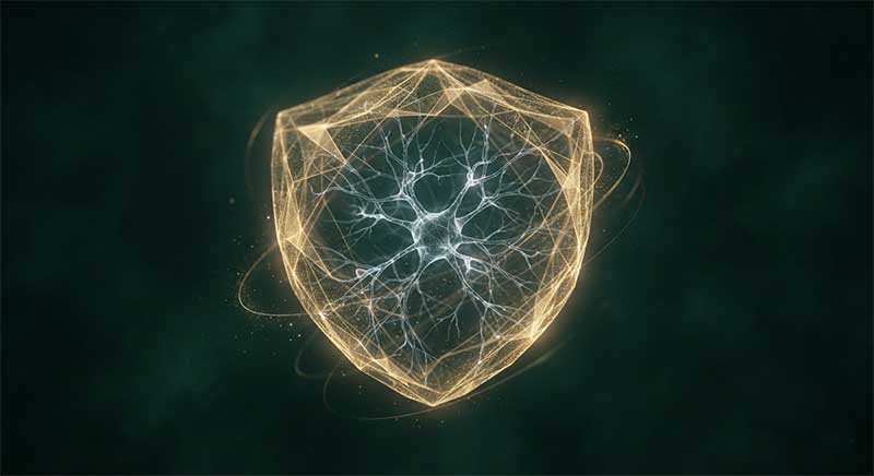 Abstract golden protective shield around a neural structure, representing lithium's neuroprotective mechanism