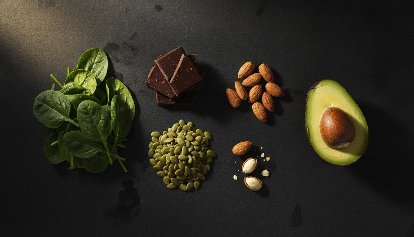 Magnesium-rich whole foods including leafy greens, nuts and seeds