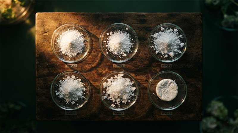 Different magnesium powder forms in glass dishes