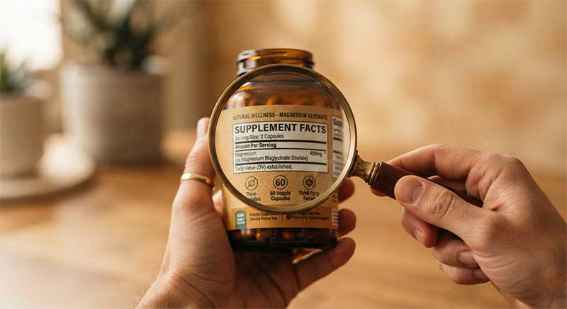 A hand holding a magnifying glass over a supplement bottle label