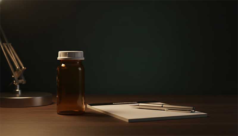 Prescription bottle and notepad representing the medical caution required with methylene blue