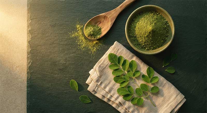 Fresh moringa leaves, a bowl of dried green moringa powder, and a wooden spoon on a dark slate surface