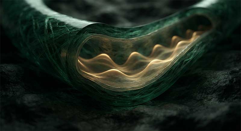 Abstract cross-section of a blood vessel relaxing and widening, rendered in dark green and gold