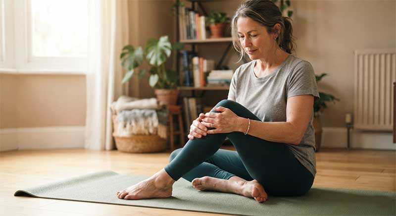 A middle-aged woman gently stretching her knee while seated on a yoga mat at home