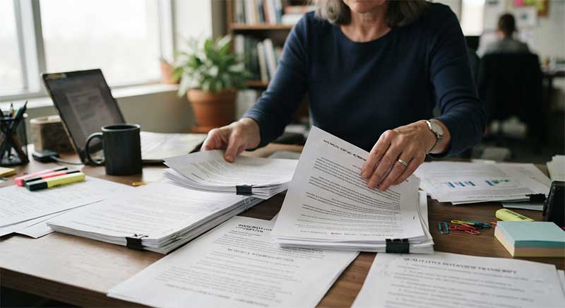 A researcher's hands sorting through printed study papers, some grouped together and others separate