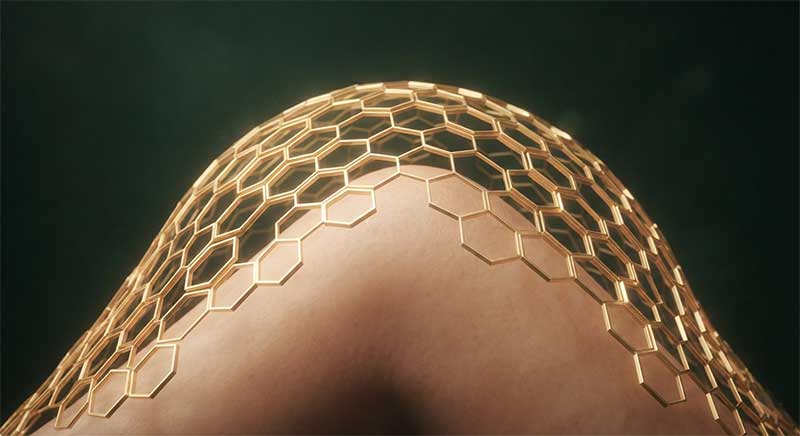 Abstract golden protective barrier of interlocking hexagonal shapes over a skin-toned surface