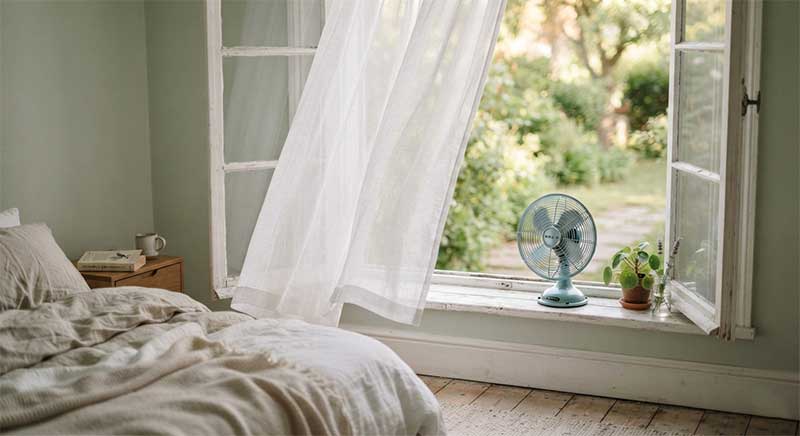 Sheer curtains billowing in an open window with a small fan on the windowsill