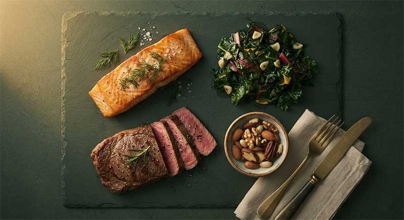 Salmon, leafy greens, mixed nuts, and red meat on a dark slate surface