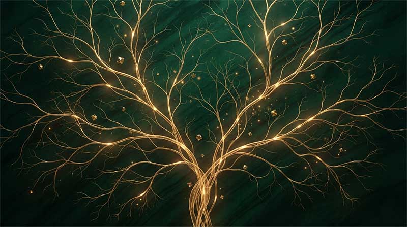 Abstract golden branching vessel-like network pulsing with light