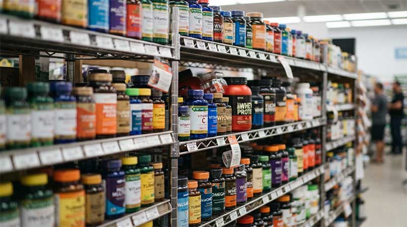 A crowded supplement shelf with many colorful bottles