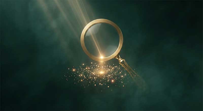 Abstract illustration of a golden magnifying lens focusing on a small cluster of particles, representing label verification
