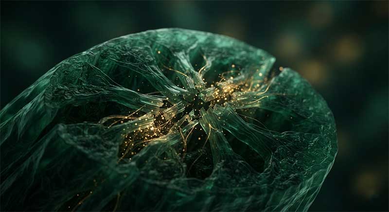 Abstract cross-section of muscle fiber tissue undergoing repair, rendered in dark green and gold