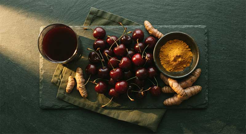 Fresh tart cherries, ground turmeric, and cherry juice on a dark slate surface