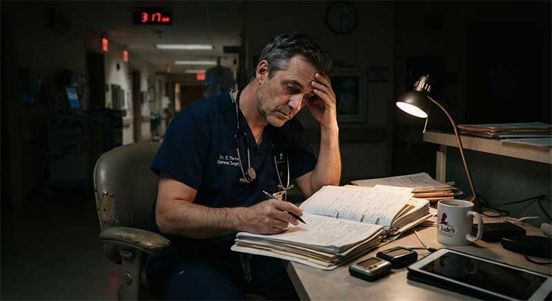 A doctor in scrubs at a hospital desk late at night, representing the fatigue populations studied in rhodiola trials