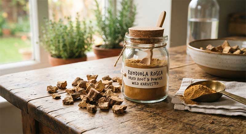 Dried golden root pieces and root powder in a small glass jar