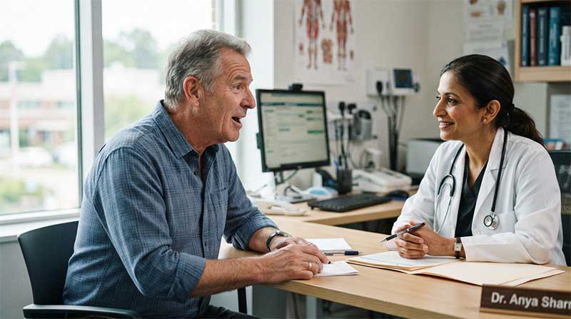A man in his sixties talking with his doctor in a bright consultation room