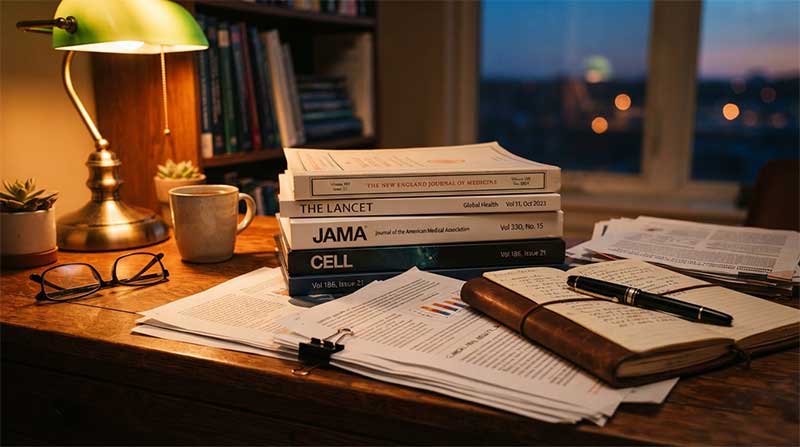 Stacked medical journals and printed research papers on a desk with a reading lamp