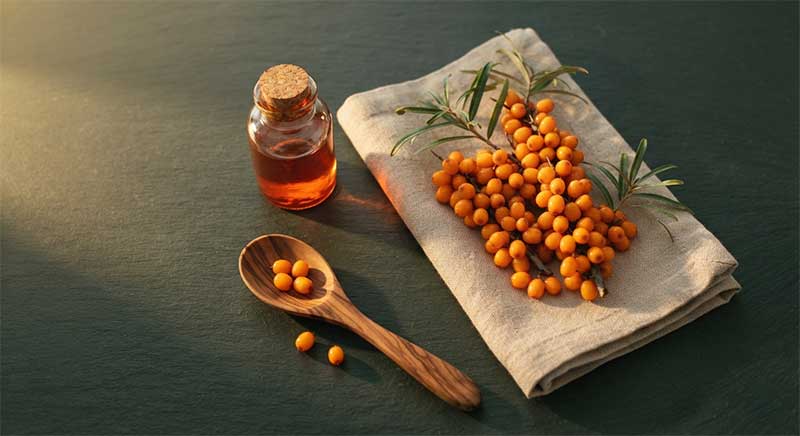 Fresh orange sea buckthorn berries, a bottle of dark orange oil, and a wooden spoon on a dark slate surface