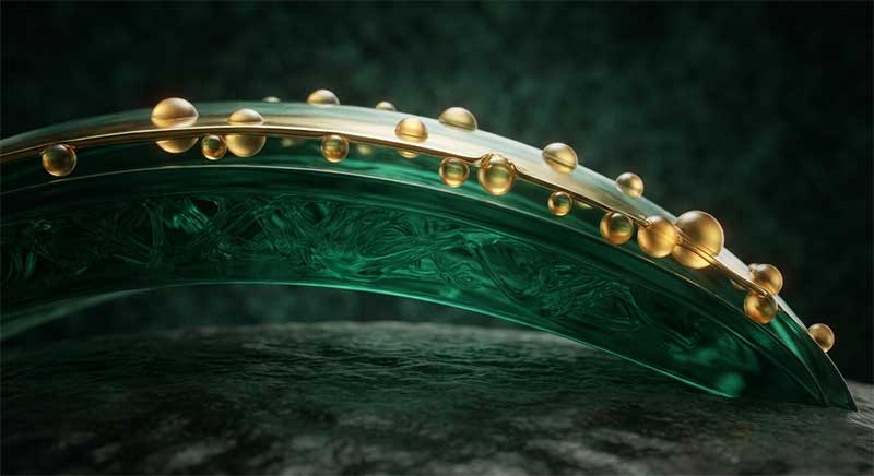 Abstract cross-section of the eye's tear film layer with golden oil droplets, rendered in dark green and gold