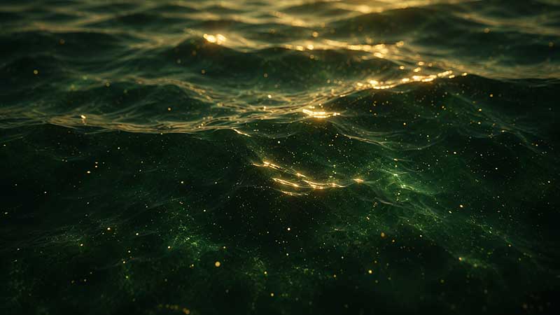Abstract golden light rippling across dark green ocean waves, representing sea moss's marine origin