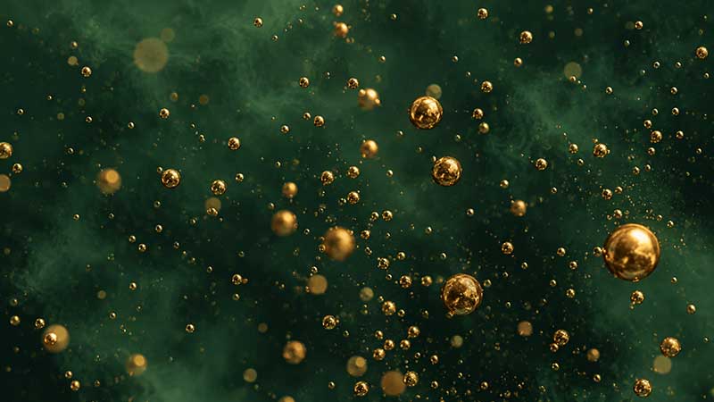 Abstract scattered golden droplets of varying sizes, representing sea moss's unpredictable iodine content