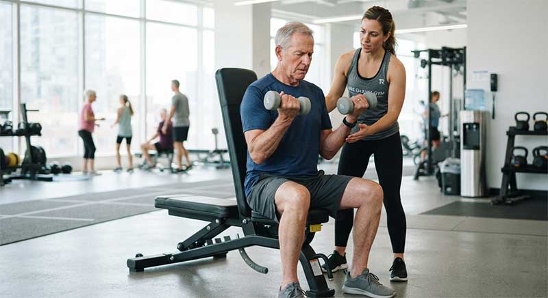 An older man doing supervised resistance training with light dumbbells at a gym