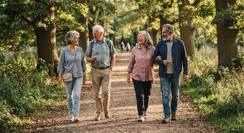 A small group of older adults walking together and talking on a tree-lined path