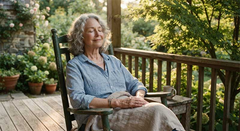 An older woman sitting outdoors in natural sunlight on a porch