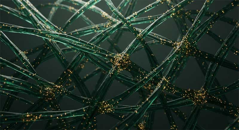Abstract cross-section of a collagen fiber matrix, rendered in dark green and gold