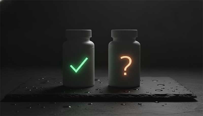 Two pill bottles representing evidence versus marketing