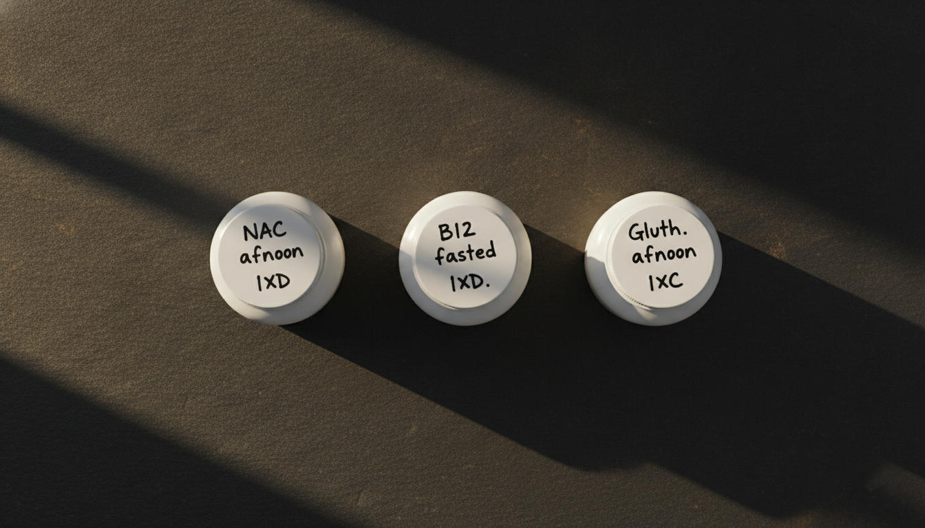 Supplement bottle lids labeled with dose, timing and D/C code
