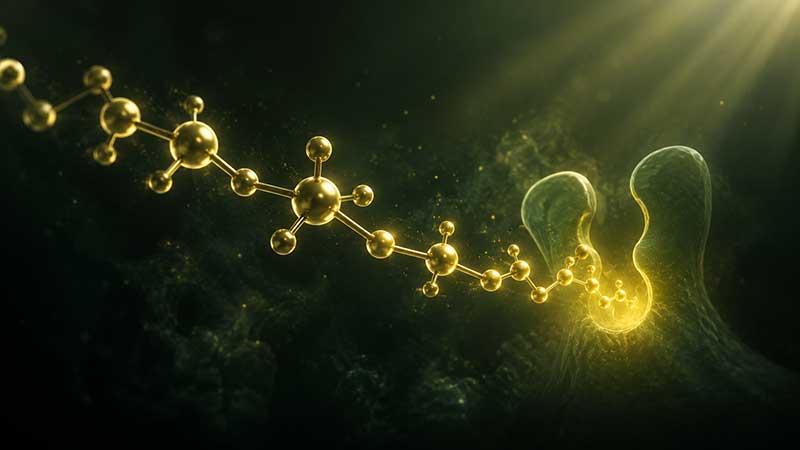 Abstract illustration of a molecular chain flowing toward a receptor, representing hormone pathway effects