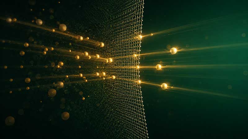 Abstract illustration of golden light particles passing through a filter, representing authenticity testing
