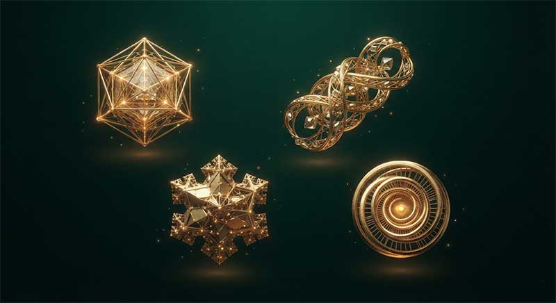 Abstract distinct golden geometric shapes representing specific probiotic strains