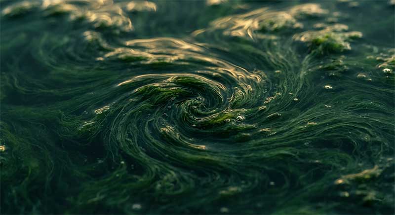 Macro photograph of swirling green algae texture in water