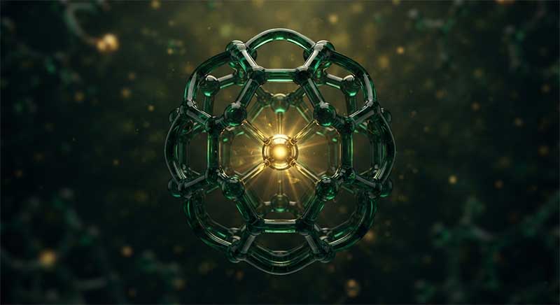 Abstract molecular structure with a glowing gold central atom, rendered in dark green and gold