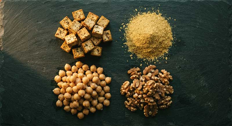 Whole plant-based food sources including tofu, chickpeas, nutritional yeast and walnuts