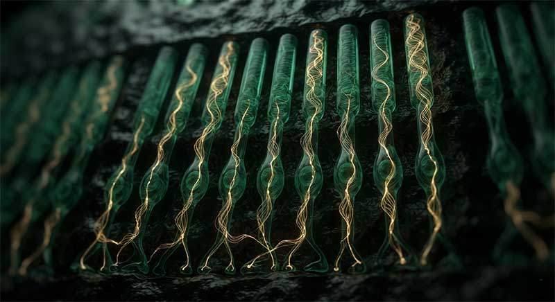 Abstract cross-section of retinal rod photoreceptor cells, rendered in dark green and gold