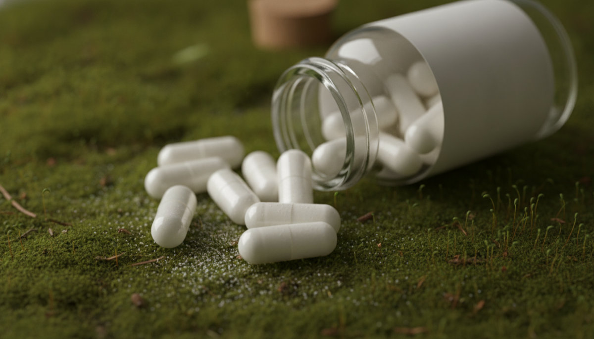 Magnesium supplement capsules on moss